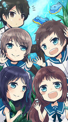  2girls 3boys black_eyes black_hair blue_eyes blue_hair brown_hair chibi commentary_request dress hiradaira_chisaki isaki_kaname kihara_tsumugu long_hair mukaido_manaka multiple_boys multiple_girls nagi_no_asukara nami_junior_high_school_uniform photoshop_(medium) sailor_dress sakishima_hikari school_uniform sea_slug serafuku short_hair side_ponytail tomori_chia underwater 