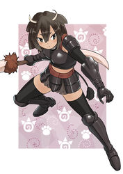  american_bison_(kemono_friends) animal_ears armor armored_boots bison boots brown_hair commentary_request female full_body gauntlets gloves highres horn_lance horns japari_symbol kemono_friends momosuke_(ishakry) polearm short_hair solo spear tail thighhighs weapon 