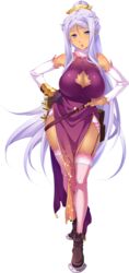  :o absurdres blue_eyes boots breasts china_dress chinese_clothes cleavage cleavage_cutout clothing_cutout detached_sleeves dress female full_body garter_belt gloves grey_hair hands_on_own_hips highres hikage_eiji koihime_musou kougai large_breasts light_purple_hair long_hair looking_at_viewer mole mole_under_mouth official_art open_mouth pelvic_curtain ponytail sidelocks single_glove sleeveless smile solo standing thighhighs transparent_background very_long_hair 