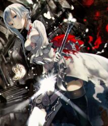  asymmetrical_hair black_thighhighs blue_eyes bug butterfly closed_mouth commentary cruel_gz dress dutch_angle female flower glint gloves grey_hair hair_between_eyes highres holding holding_sword holding_weapon looking_at_viewer petals red_flower sidelocks sinoalice snow_white_(sinoalice) solo standing sword thighhighs tied_hair weapon white_dress white_gloves 