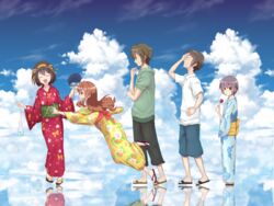  2boys 3girls :d animal_print asahina_mikuru bad_id bad_pixiv_id bag bagged_fish blue_kimono blue_sky brown_hair butterfly_print candy_apple closed_eyes cloud commentary_request day fish floral_print food goldfish green_sweater guitaro_(yabasaki_taro) hairband hand_fan hand_on_own_hip hand_up holding holding_fan japanese_clothes kimono koizumi_itsuki kyon long_hair multiple_boys multiple_girls nagato_yuki obi open_mouth outdoors paper_fan reflection sandals sash shirt short_hair shorts sky smile standing suzumiya_haruhi suzumiya_haruhi_no_yuuutsu sweater tripping white_shirt wide_sleeves yellow_hairband yellow_kimono yukata 