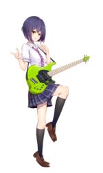  absurdres bad_id bad_pixiv_id bass_guitar black_socks blue_skirt blush brown_footwear dingwall_guitars female full_body guitaro_(yabasaki_taro) highres instrument kneehighs loafers looking_at_viewer necktie nijisanji plaid plaid_skirt pose school_uniform shirt shizuka_rin shizuka_rin_(3rd_costume) shoes short_hair short_sleeves simple_background skirt socks solo standing standing_on_one_leg striped striped_necktie virtual_youtuber white_background white_shirt yellow_eyes 