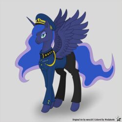  1:1 2015 absurd_res alicorn blue_body blue_feathers blue_fur blue_hair bottomwear clothing coat english_text equid equine feathered_wings feathers female friendship_is_magic fur hair hasbro hat headgear headwear hi_res horn long_hair mammal meto30 my_little_pony mythological_creature mythological_equine mythology pants princess_luna_(mlp) smile solo teal_eyes text topwear wings wodahseht 