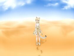  animal_ears blonde_hair brown_hair cat_ears cat_tail commentary_request desert elbow_gloves female footprints gloves highres kemono_friends looking_at_viewer losmal_indicus multicolored_hair sand sand_cat_(kemono_friends) short_hair sleeveless solo tail white_gloves white_hair yellow_eyes 