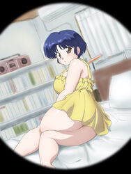  :o bed bedroom blue_hair blush bookshelf boombox border breasts brown_eyes commentary_request dress embarrassed female highres large_breasts looking_at_viewer mage_(harumagedon) on_bed peeping photoshop_(medium) pillow plump pov pov_peephole ranma_1/2 round_border short_hair sleeveless sleeveless_dress solo tendou_akane thick_arms thick_thighs thighs 