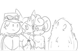  2015 anthro anthrofied black_and_white breasts buckteeth calem_(pokemon) clothing colliefleur elpatrixf female flammin&#039;go furfrou generation_5_pokemon generation_6_pokemon group hat headgear headwear human male mammal marissa monochrome nintendo pansear pokemon pokemon_(species) pokemorph primate quilladin rodent simple_background teeth white_background 