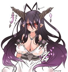  ahoge bandage black_hair breasts cleavage danua demon_girl dress female gradient_hair granblue_fantasy horns large_breasts long_hair niwakaame_(amayadori) pointy_ears red_eyes simple_background white_background 