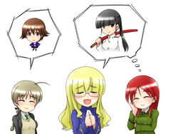  5girls ahoge black_eyes black_hair blonde_hair braid brown_eyes brown_hair closed_eyes commentary_request eyepatch glasses hair_ribbon isosceles_triangle_(xyzxyzxyz) lynette_bishop military military_uniform minna-dietlinde_wilcke miyafuji_yoshika multiple_girls perrine_h._clostermann red_hair ribbon sakamoto_mio strike_witches sword uniform weapon world_witches_series 