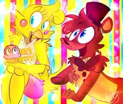  animatronic anthro avian beak bear bib bird blue_eyes bow_(feature) bow_tie button_(fastener) caramelcraze chicken clothed clothing cupcake_(fnaf) duo five_nights_at_freddy&#039;s five_nights_at_freddy&#039;s_2 galliform gallus_(genus) hat headgear headwear machine mammal panties phasianid robot scottgames top_hat toy_chica_(fnaf) underwear unwithered_freddy_(fnaf) 