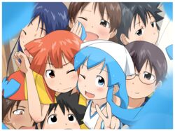  2boys 6+girls :o ;d aizawa_chizuru aizawa_eiko aizawa_takeru arashiyama_gorou black_eyes black_hair blue_hair blurry blush brown_hair cheek-to-cheek closed_eyes commentary_request depth_of_field dress ei_(ss4) facing_viewer flying_sweatdrops glasses grey_eyes group_hug hat heads_together highres hug ikamusume looking_at_viewer multiple_boys multiple_girls nagatsuki_sanae one_eye_closed open_mouth orange_eyes orange_hair rubbing saitou_nagisa sakura_kiyomi shinryaku!_ikamusume short_hair smile squid_hat sundress sweatdrop tentacle_hair twintails v 