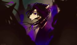  abstract_background anthro black_hair blue_eyes canid canine clothed clothing female hair hihikori looking_at_viewer mammal solo wistful 