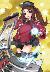  :d aircraft airplane ball blue_fire brown_eyes brown_hair commentary_request cosplay female fire flight_deck flying hexagon idolmaster idolmaster_(classic) japanese_flag kantai_collection long_hair looking_at_viewer machinery magatama mamezou minase_iori motion_blur onmyouji open_mouth orb photoshop_(medium) propeller round_teeth ryuujou_(kancolle) ryuujou_(kancolle)_(cosplay) scroll simple_background skirt smile solo teeth thigh_strap twintails visor_cap yellow_background 