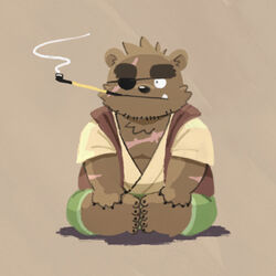  1:1 2018 anthro bear belly biped black_nose bottomwear brown_background brown_body brown_fur clothing fur gouki_(the_spicy_ninja_scrolls) humanoid_hands kinoshita-jiroh male mammal overweight overweight_anthro overweight_male pants robe scar simple_background sitting smoking solo the_spicy_ninja_scrolls 