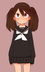  absurdres alternate_costume bad_id bad_pixiv_id black_serafuku brown_eyes brown_hair cowboy_shot female hair_between_eyes highres kantai_collection pleated_skirt ryuujou_(kancolle) school_uniform serafuku simple_background skirt solo tamawo_(mu_gi2) twintails 