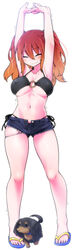  absurdres ann_blyth armpits arms_up bare_legs bikini black_bikini blush breasts canine cleavage closed_eyes commentary_request cutoffs dachshund denim denim_shorts female full_body hair_between_eyes highres large_breasts long_hair navel o-ring o-ring_top open_fly original red_hair sandals short_shorts shorts side-tie_bikini_bottom simple_background skindentation solo strap_gap stretching swimsuit trembling twintails underboob unzipped white_background yoshida_hideyuki 