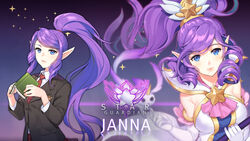  alternate_costume alternate_hair_color alternate_hairstyle bare_shoulders blue_eyes book bow breasts choker commentary_request dakun elbow_gloves female gloves highres janna_(league_of_legends) large_breasts league_of_legends long_hair magical_girl pointy_ears ponytail purple_hair ribbon school_uniform staff star_guardian_(league_of_legends) star_guardian_janna tiara very_long_hair white_gloves 