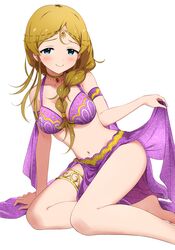  arm_support armlet bare_shoulders bikini bikini_top_only blush bra braid braided_ponytail breasts collarbone commentary_request dancer dani-ikapi female forehead_jewel hair_between_breasts hair_over_shoulder harem_outfit headwear_request highres holding holding_clothes idolmaster idolmaster_million_live! idolmaster_million_live!_theater_days kneeling light_brown_hair looking_at_viewer medium_breasts midriff multicolored_bra multicolored_clothes navel pelvic_curtain purple_bikini purple_bra purple_shawl revealing_clothes shawl shinomiya_karen simple_background single_braid smile solo swimsuit thigh_strap thighs underwear white_background 