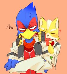  anthro avian bird blue_body blue_feathers canid canine duo falco_lombardi feathers fox fox_mccloud happy kemo_nuko male male/male mammal nintendo smile star_fox 