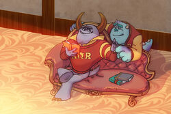  3:2 clothed clothing digital_media_(artwork) disney duo fainting_couch full-length_portrait fully_clothed furniture greek_text horn humanoid johnny_worthington male male/male monster monsters_inc pixar portrait sulley text zinpatink_m 