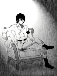  1boy aged_down armband aventadoor bleach bleach:_sennen_kessen-hen boots chair commentary crossed_legs english_commentary gloves greyscale highres jacket male_focus military military_jacket military_uniform monochrome photoshop_(medium) quincy_(bleach) shinigami sitting solo tensa_zangetsu_(bankai) uniform wandenreich wandenreich_uniform yhwach 