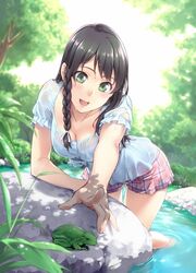  black_hair bra braid breasts cleavage female frog green_eyes hairband highres korisei medium_breasts original outdoors river see-through shirt solo sweat underwear wet wet_clothes wet_hair wet_shirt 