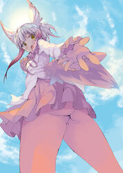  :o ass bird_tail bird_wings blue_sky commentary cowboy_shot day empty_eyes eyes_visible_through_hair female floating_hair foreshortening frilled_sleeves frills from_behind from_below fur_collar gloves hand_on_own_chest head_wings japanese_crested_ibis_(kemono_friends) kamakura_(clupeoidei) kemono_friends long_hair long_sleeves looking_at_viewer looking_back looking_down miniskirt multicolored_hair neck_ribbon open_mouth outdoors outstretched_arm outstretched_hand pantyhose photoshop_(medium) pleated_skirt reaching reaching_towards_viewer red_gloves red_hair red_pantyhose ribbon sidelocks skirt sky solo spread_fingers sun tail twisted_torso two-tone_hair upskirt white_hair wings yellow_eyes 