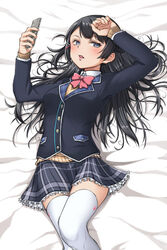  bed_sheet black_hair blazer blue_eyes blush bow bowtie braid cellphone commentary_request female from_above highres holding holding_phone jacket long_hair long_sleeves lying nijisanji on_back parted_lips phone photoshop_(medium) pleated_skirt school_uniform skirt smartphone solo stock-world sweater_vest thighhighs tsukino_mito tsukino_mito_(1st_costume) virtual_youtuber white_thighhighs 