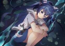  aura bad_id bad_pixiv_id bangle blue_background blue_bow blue_eyes blue_hair blue_skirt bow bracelet commentary_request dark_blue_hair drawstring feet_out_of_frame female grey_hoodie hairbow hood hoodie jewelry light_particles long_hair looking_at_viewer miniskirt shiyun short_sleeves sitting skirt solo squatting stuffed_animal stuffed_cat stuffed_toy touhou v-shaped_eyebrows very_long_hair yorigami_shion 