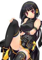  arm_garter bangs bare_shoulders beatmania beatmania_iidx belt black_hair black_legwear blunt_bangs boots breast_hold breasts facial_mark female female fingernails hand_on_knee head_tilt headphones highres hinazuki_ririna kinoshita_ichi large_breasts leg_lift legs long_fingernails long_hair looking_at_viewer panties pantyshot pantyshot_(sitting) pouch red_eyes shiny shiny_clothes shiny_skin simple_background sitting skirt sleeveless solo striped striped_panties thighhighs underwear uniform upskirt white_background 