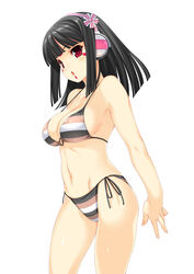  bangs bare_shoulders beatmania beatmania_iidx bikini black_hair blunt_bangs blush breasts cleavage facial_mark female female fingernails headphones highres hinazuki_ririna kinoshita_ichi long_fingernails long_hair looking_away midriff mound_of_venus multicolored_stripes navel o-ring_top red_eyes shiny shiny_skin side-tie_bikini simple_background solo standing striped striped_bikini striped_swimsuit swimsuit thighs white_background 