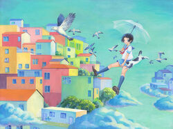  asaki_leaf bird building city clothes_lift cloud colorful commentary_request day feline female flying original photoshop_(medium) school_uniform serafuku skirt skirt_lift sky solo surreal umbrella umbrella_riding 