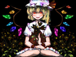  ascot black_background blonde_hair blush bow commentary_request crazy_eyes crazy_smile crystal dark fangs female fingernails flandre_scarlet flower glowing glowing_eyes hat hat_bow holding holding_flower kamchatka_lily knees_together_feet_apart long_fingernails looking_at_viewer mob_cap mudra nail_polish orange_eyes orange_nails red_eyes red_nails sash simple_background sitting smile solo straight-on touhou umi_(umi02) wide-eyed wings wrist_cuffs 