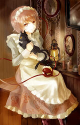  alternate_costume animal apron bad_id bad_pixiv_id black_cat bottle clock enmaided feline female frilled_skirt frills holding holding_animal kaenbyou_rin kaenbyou_rin_(cat) keiko_(mitakarawa) komeiji_satori lantern light_smile long_sleeves looking_at_viewer maid maid_apron maid_headdress mirror perfume_bottle picture_frame pink_hair red_eyes roman_numeral short_hair sitting skirt third_eye touhou wall_clock wooden_wall 