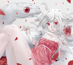  club3 commentary_request dress female koimonogatari kuchinawa living_hair long_hair monogatari_(series) photoshop_(medium) red_eyes sengoku_nadeko snake snake_hair white_hair 